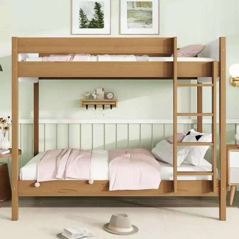 Bunk Bed Twin Over Twin with Upholstered Headboard and Footboard for Kids Teens, Wooden Bunk Bed Frame with Ladder and Guardrails, Natural