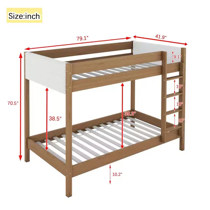 Bunk Bed Twin Over Twin with Upholstered Headboard and Footboard for Kids Teens, Wooden Bunk Bed Frame with Ladder and Guardrails, Natural