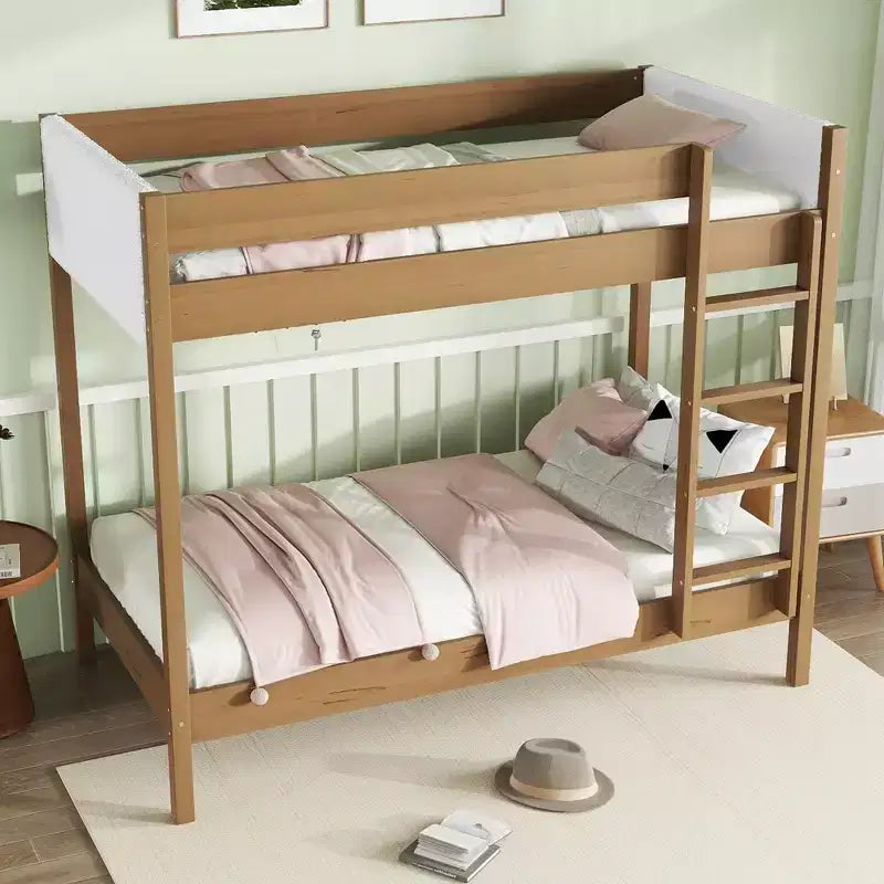Bunk Bed Twin Over Twin with Upholstered Headboard and Footboard for Kids Teens, Wooden Bunk Bed Frame with Ladder and Guardrails, Natural