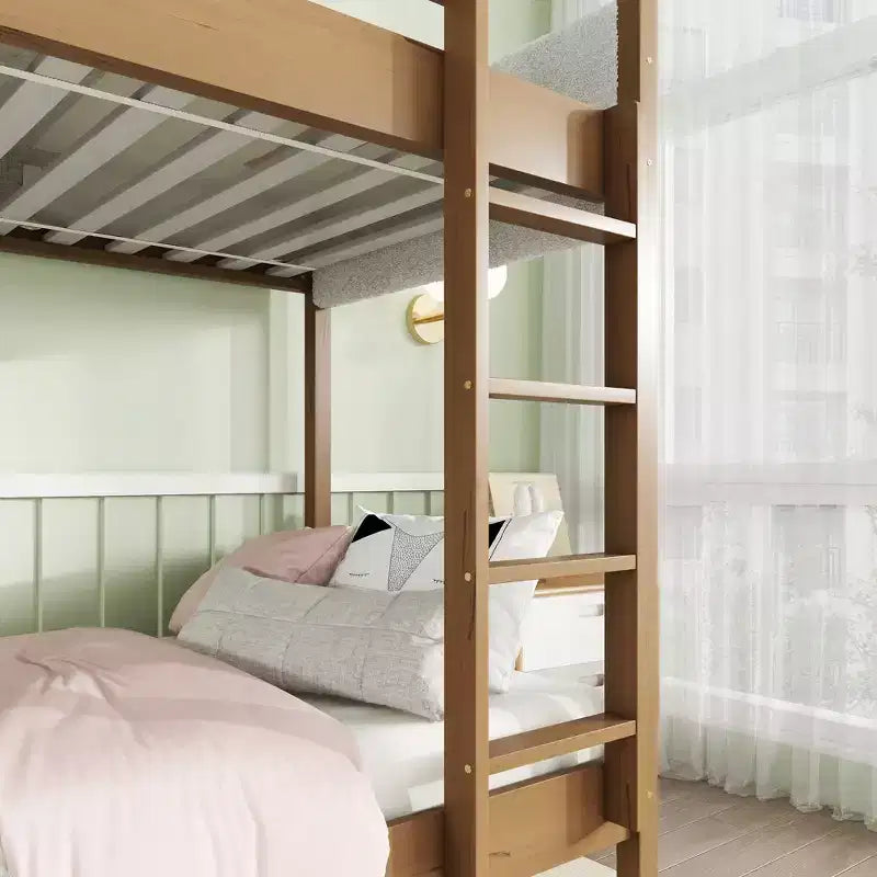 Bunk Bed Twin Over Twin with Upholstered Headboard and Footboard for Kids Teens, Wooden Bunk Bed Frame with Ladder and Guardrails, Natural