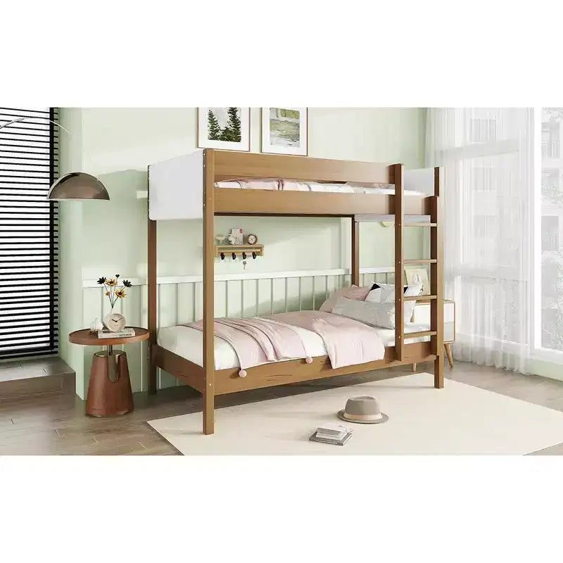 Bunk Bed Twin Over Twin with Upholstered Headboard and Footboard for Kids Teens, Wooden Bunk Bed Frame with Ladder and Guardrails, Natural