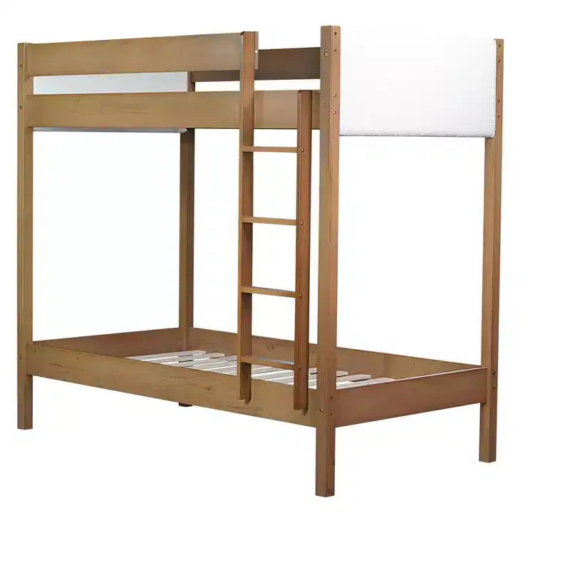 Bunk Bed Twin Over Twin with Upholstered Headboard and Footboard for Kids Teens, Wooden Bunk Bed Frame with Ladder and Guardrails, Natural