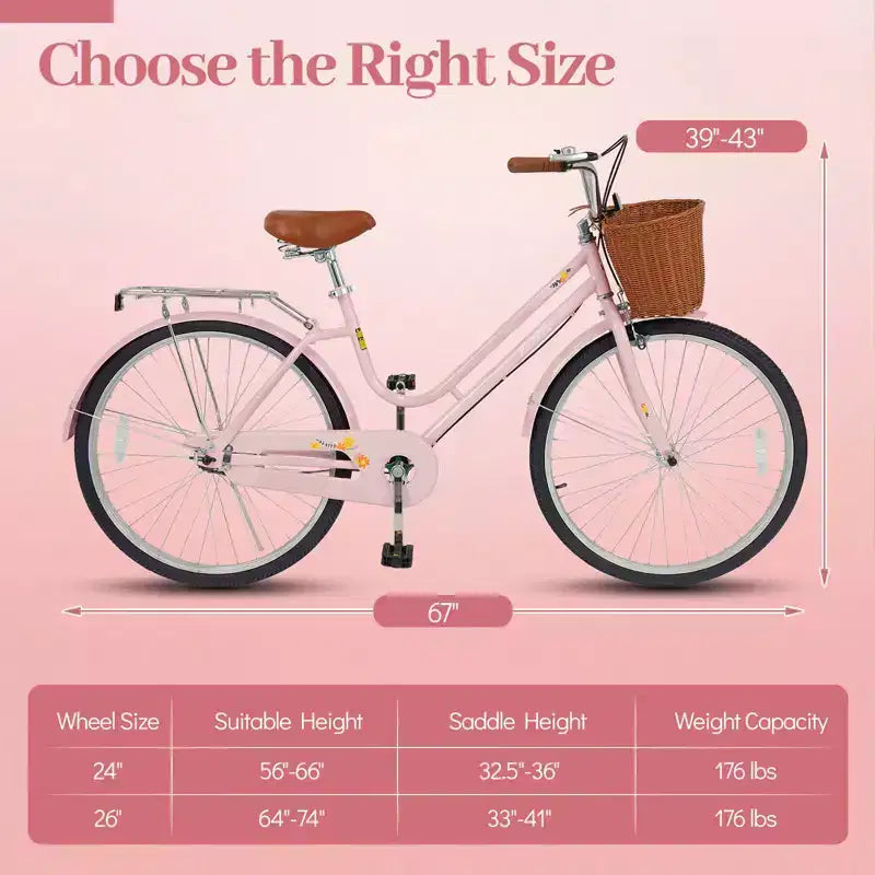 Vélo de plage Gymax 26 pouces avec selle réglable, panier tressé et porte-bagages arrière