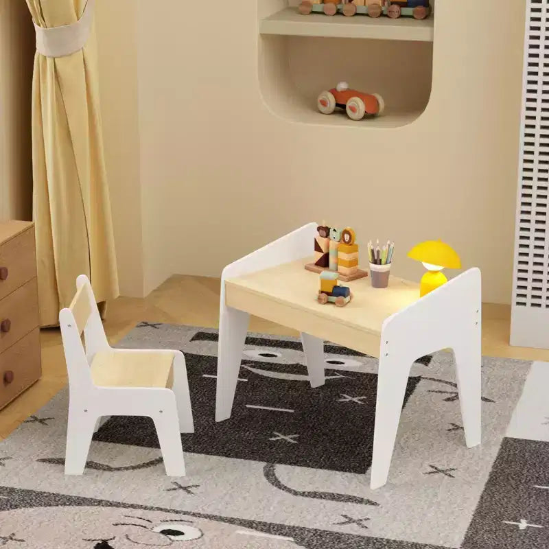 JVNOXK Rectangular Children's Desk and Chair Set, Includes One Chair, Wooden Children's Study Desk, Suitable for Ages 2-8, White + Natural Wood