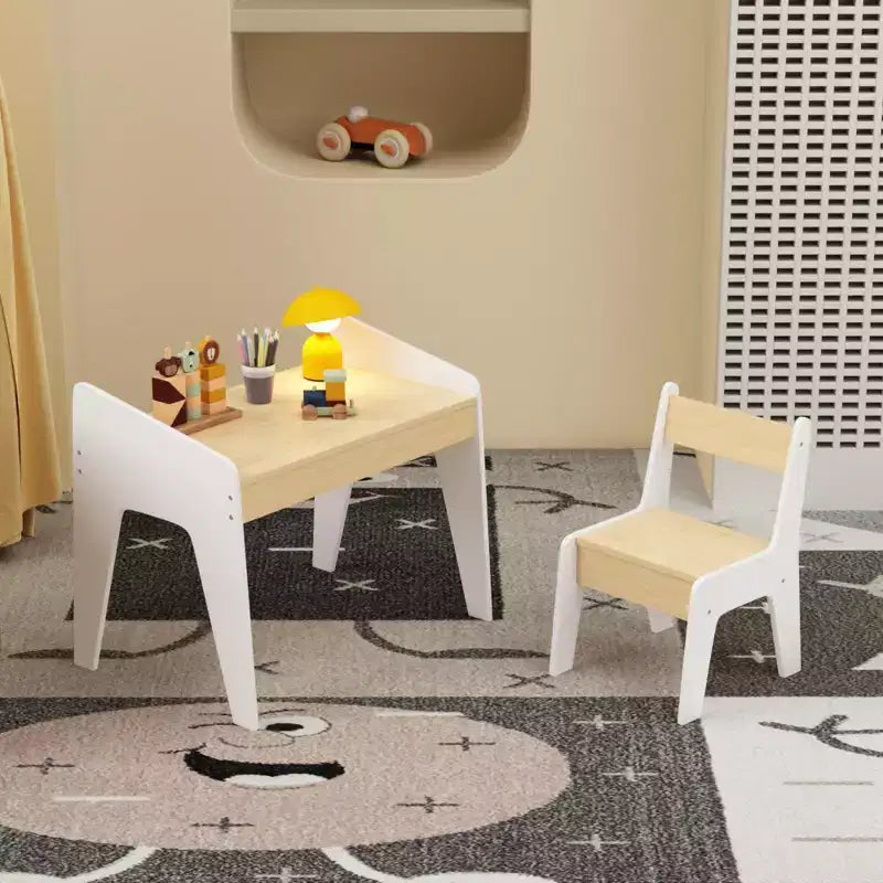 JVNOXK Rectangular Children's Desk and Chair Set, Includes One Chair, Wooden Children's Study Desk, Suitable for Ages 2-8, White + Natural Wood