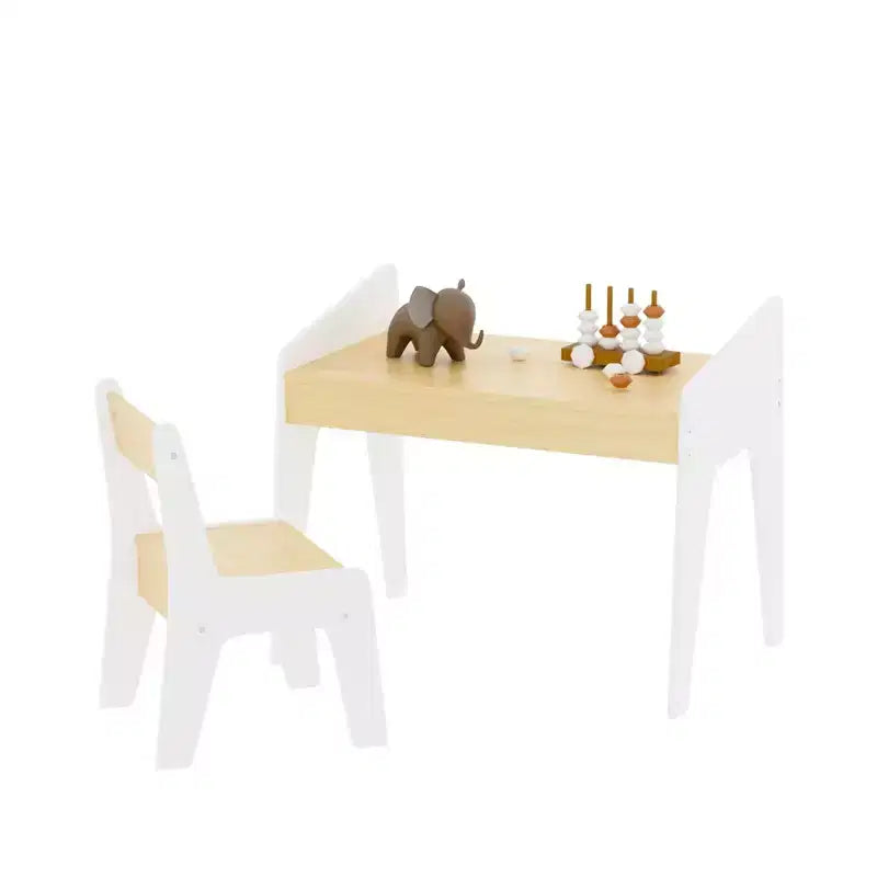 JVNOXK Rectangular Children's Desk and Chair Set, Includes One Chair, Wooden Children's Study Desk, Suitable for Ages 2-8, White + Natural Wood