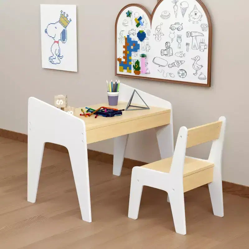 JVNOXK Rectangular Children's Desk and Chair Set, Includes One Chair, Wooden Children's Study Desk, Suitable for Ages 2-8, White + Natural Wood
