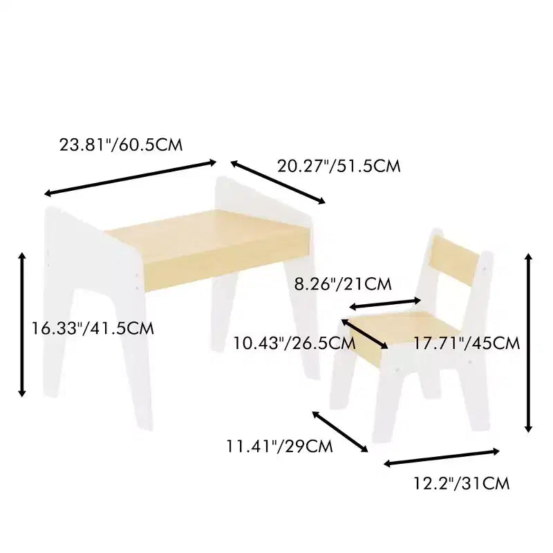 JVNOXK Rectangular Children's Desk and Chair Set, Includes One Chair, Wooden Children's Study Desk, Suitable for Ages 2-8, White + Natural Wood