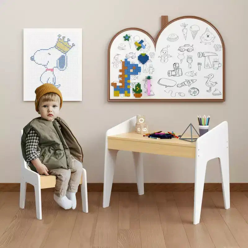 JVNOXK Rectangular Children's Desk and Chair Set, Includes One Chair, Wooden Children's Study Desk, Suitable for Ages 2-8, White + Natural Wood