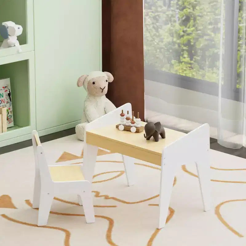JVNOXK Rectangular Children's Desk and Chair Set, Includes One Chair, Wooden Children's Study Desk, Suitable for Ages 2-8, White + Natural Wood