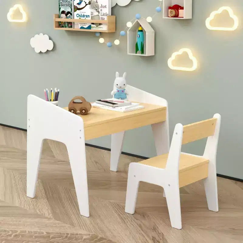 JVNOXK Rectangular Children's Desk and Chair Set, Includes One Chair, Wooden Children's Study Desk, Suitable for Ages 2-8, White + Natural Wood