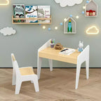 JVNOXK Rectangular Children's Desk and Chair Set, Includes One Chair, Wooden Children's Study Desk, Suitable for Ages 2-8, White + Natural Wood