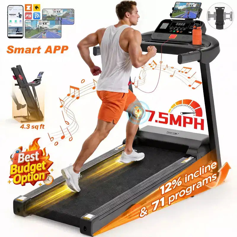 3.5HP Treadmill Clearance: 4-in-1 Foldable Treadmill with 12% Incline, APP & Bluetooth Speakers, 330lbs Capacity, 71 Programs, Home/Office Use