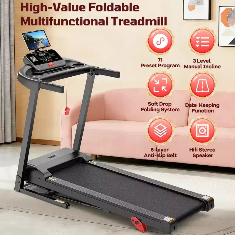 3.5HP Treadmill Clearance: 4-in-1 Foldable Treadmill with 12% Incline, APP & Bluetooth Speakers, 330lbs Capacity, 71 Programs, Home/Office Use