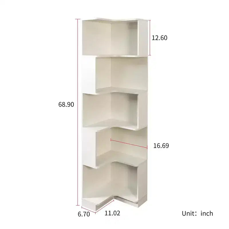 VIYET 69 Bibliothèque d'angle à 5 niveaux avec lumières LED, étagère de présentation en forme de L blanche (design à déflecteur pour bureau à domicile et salon)