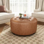 ModernLuxe Round Button Tufted Ottoman, PU/Linen Upholstered Footstool with Birch Wood Legs
