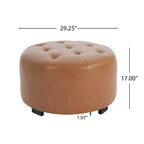 ModernLuxe Round Button Tufted Ottoman, PU/Linen Upholstered Footstool with Birch Wood Legs