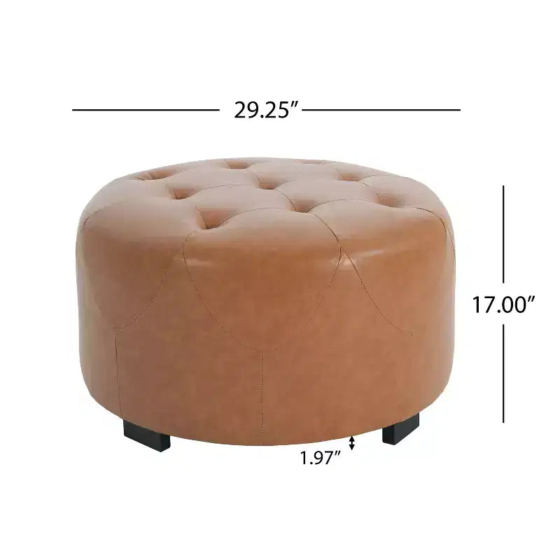 ModernLuxe Round Button Tufted Ottoman, PU/Linen Upholstered Footstool with Birch Wood Legs