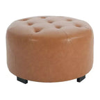 ModernLuxe Round Button Tufted Ottoman, PU/Linen Upholstered Footstool with Birch Wood Legs