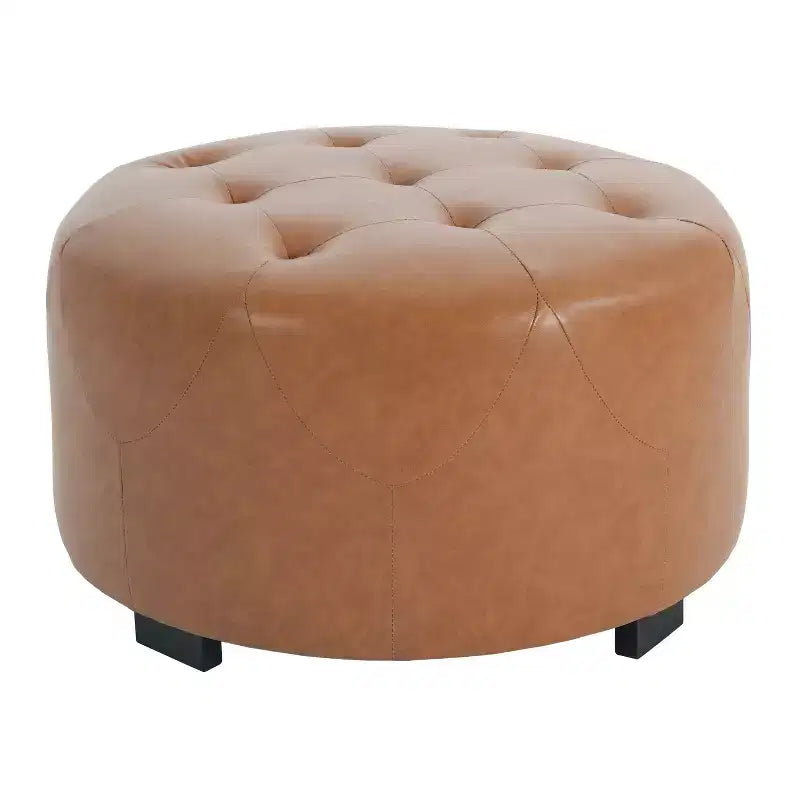 ModernLuxe Round Button Tufted Ottoman, PU/Linen Upholstered Footstool with Birch Wood Legs