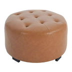 ModernLuxe Round Button Tufted Ottoman, PU/Linen Upholstered Footstool with Birch Wood Legs