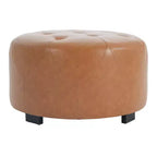 ModernLuxe Round Button Tufted Ottoman, PU/Linen Upholstered Footstool with Birch Wood Legs