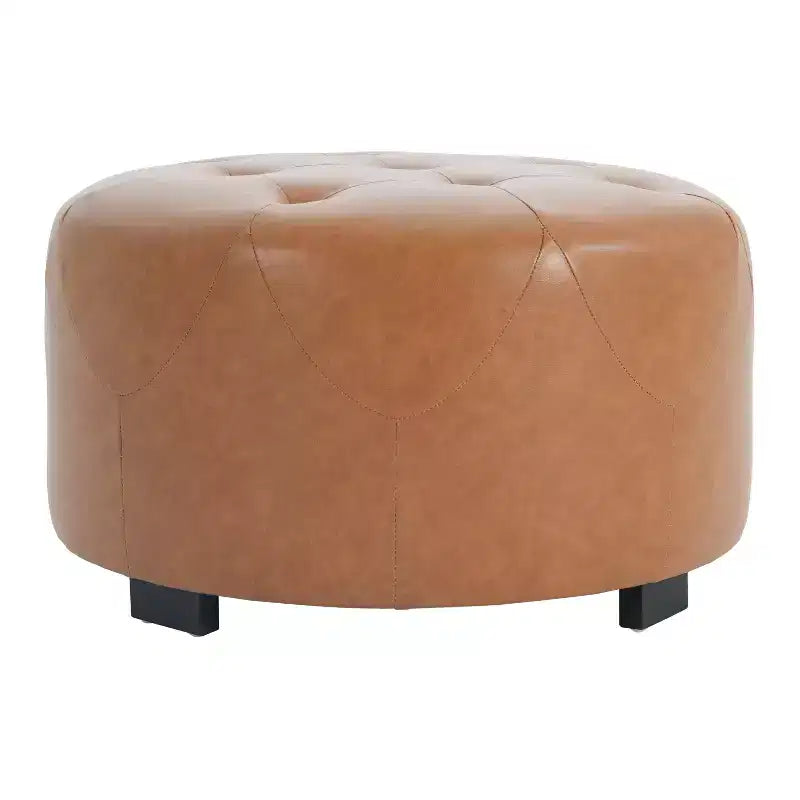 ModernLuxe Round Button Tufted Ottoman, PU/Linen Upholstered Footstool with Birch Wood Legs
