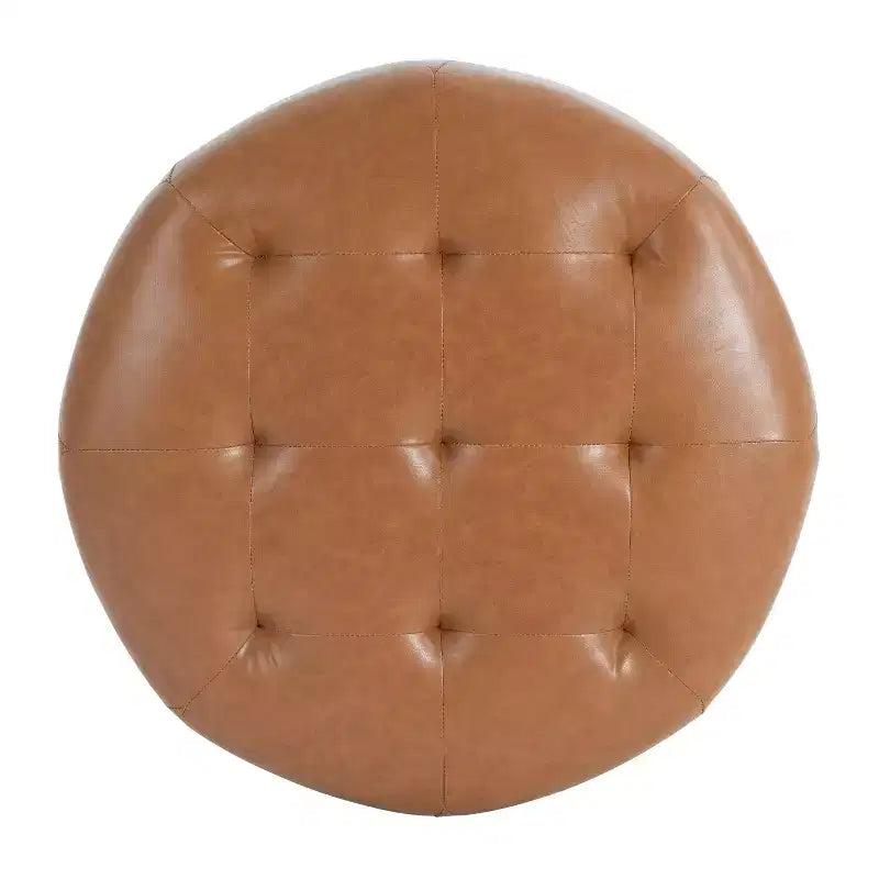 ModernLuxe Round Button Tufted Ottoman, PU/Linen Upholstered Footstool with Birch Wood Legs