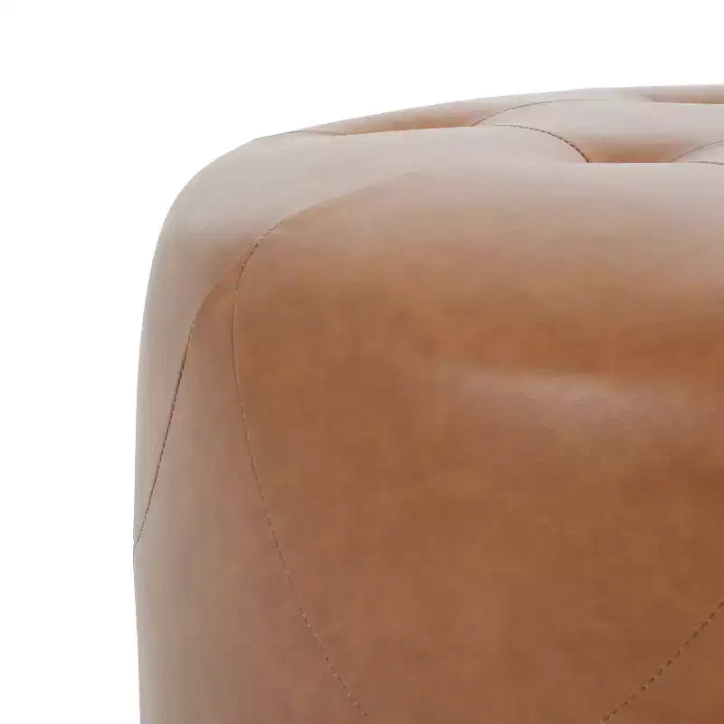 ModernLuxe Round Button Tufted Ottoman, PU/Linen Upholstered Footstool with Birch Wood Legs