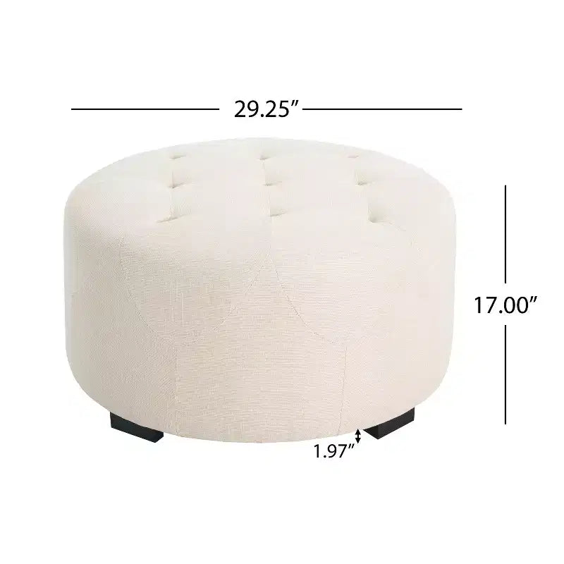 ModernLuxe Round Button Tufted Ottoman, PU/Linen Upholstered Footstool with Birch Wood Legs