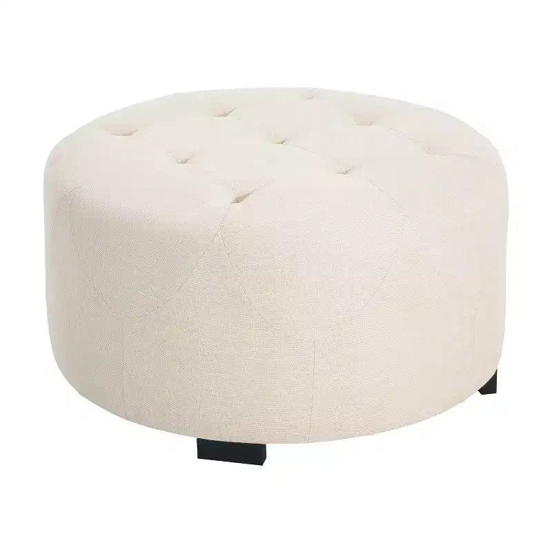 ModernLuxe Round Button Tufted Ottoman, PU/Linen Upholstered Footstool with Birch Wood Legs
