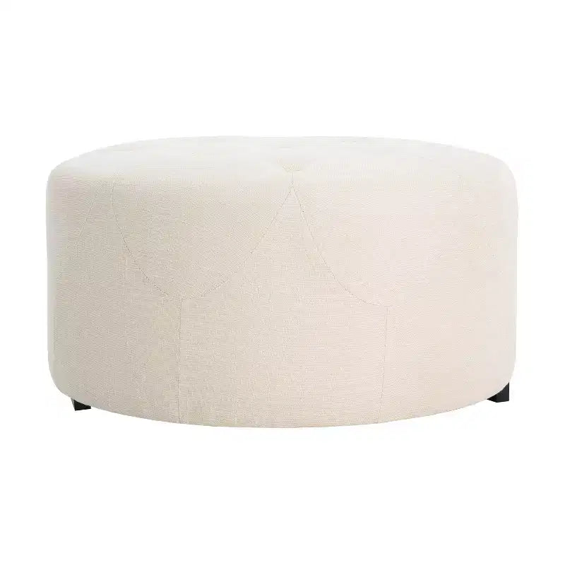 ModernLuxe Round Button Tufted Ottoman, PU/Linen Upholstered Footstool with Birch Wood Legs