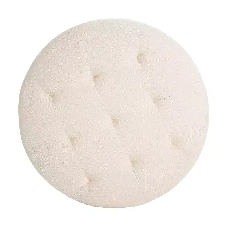 ModernLuxe Round Button Tufted Ottoman, PU/Linen Upholstered Footstool with Birch Wood Legs