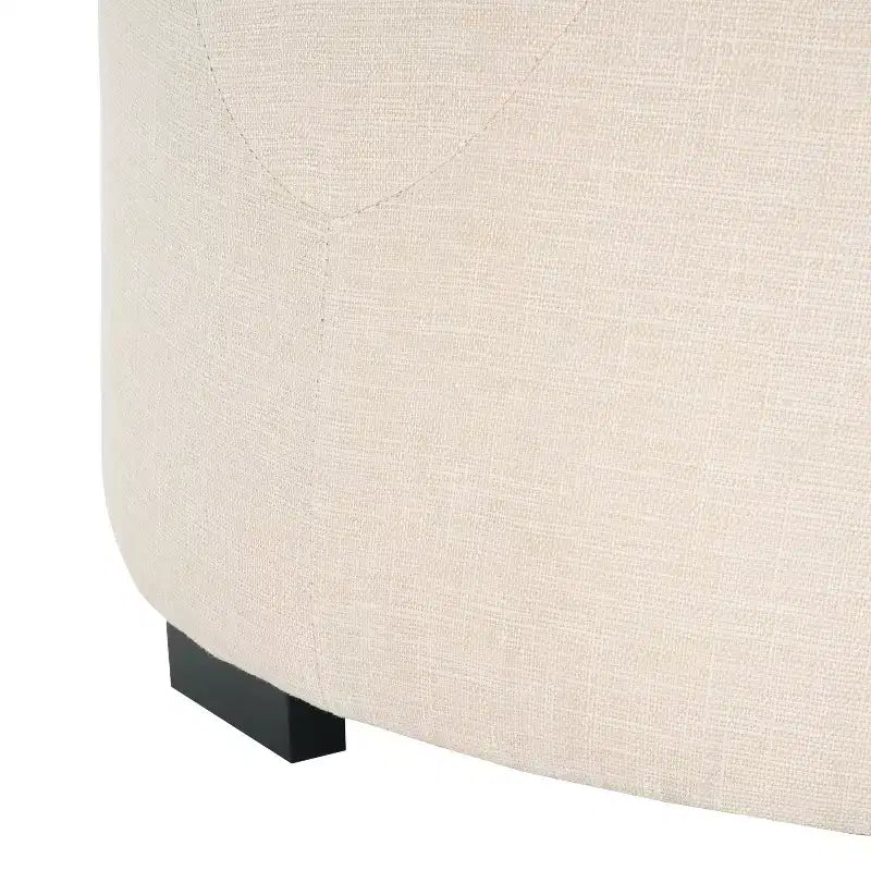 ModernLuxe Round Button Tufted Ottoman, PU/Linen Upholstered Footstool with Birch Wood Legs