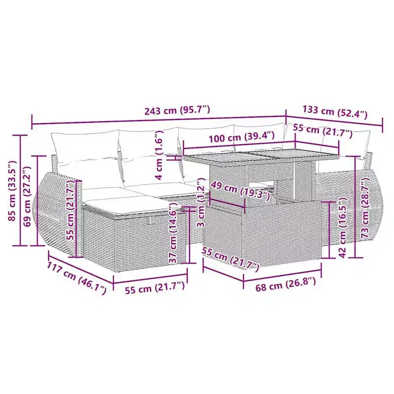 vidaXL Patio Sofa Set Adjustable Feet Garden Sofa Set Rectangular