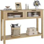 Rustic Wood Console Table with 2 Glass Drawers - Narrow 2-Tier Sofa Side Table - Open Storage Shelf for Living Room, Hallway, Foyer, Kitchen, Office