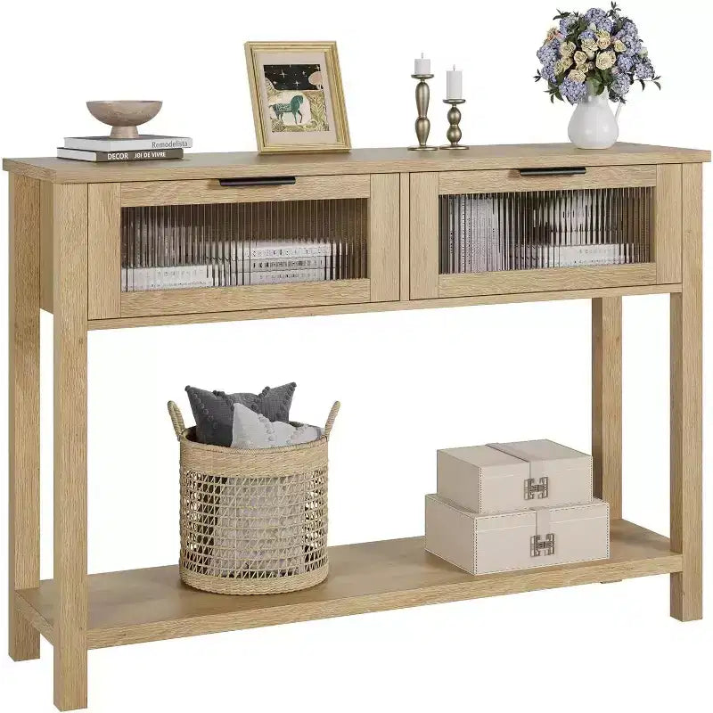 Rustic Wood Console Table with 2 Glass Drawers - Narrow 2-Tier Sofa Side Table - Open Storage Shelf for Living Room, Hallway, Foyer, Kitchen, Office