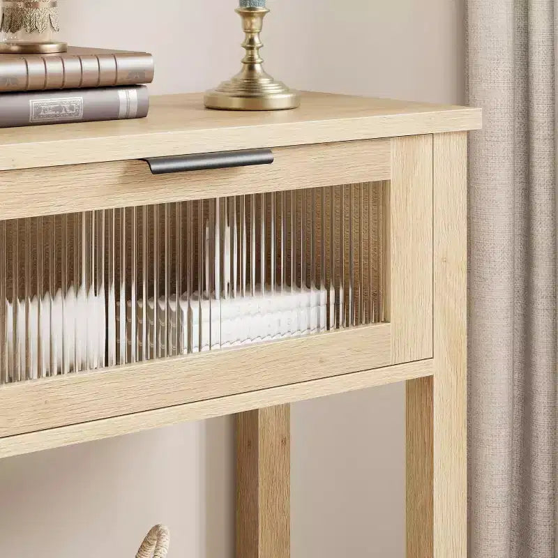 Rustic Wood Console Table with 2 Glass Drawers - Narrow 2-Tier Sofa Side Table - Open Storage Shelf for Living Room, Hallway, Foyer, Kitchen, Office