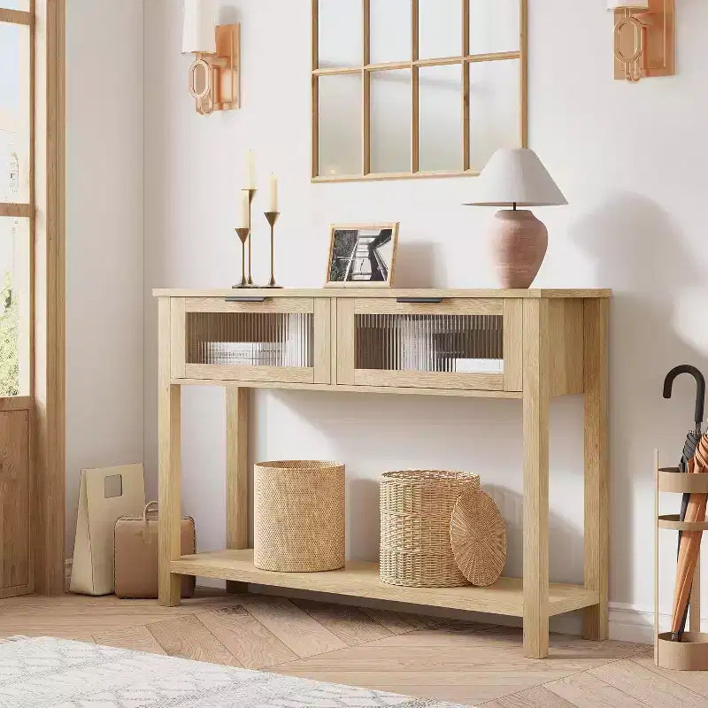Rustic Wood Console Table with 2 Glass Drawers - Narrow 2-Tier Sofa Side Table - Open Storage Shelf for Living Room, Hallway, Foyer, Kitchen, Office