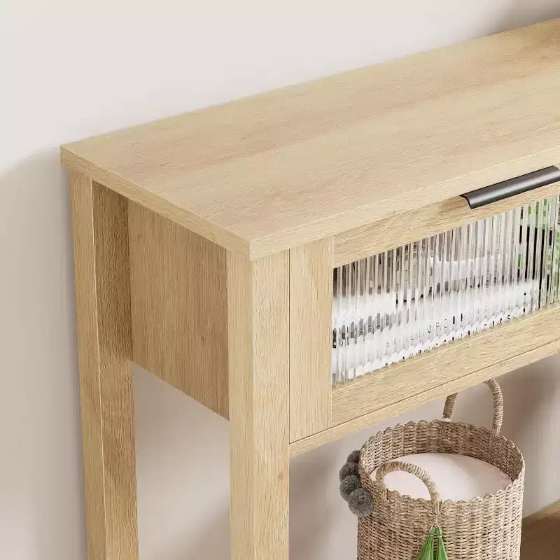 Rustic Wood Console Table with 2 Glass Drawers - Narrow 2-Tier Sofa Side Table - Open Storage Shelf for Living Room, Hallway, Foyer, Kitchen, Office