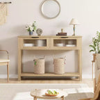 Rustic Wood Console Table with 2 Glass Drawers - Narrow 2-Tier Sofa Side Table - Open Storage Shelf for Living Room, Hallway, Foyer, Kitchen, Office