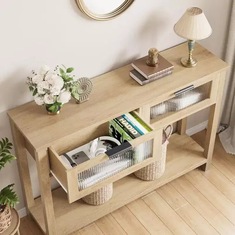 Rustic Wood Console Table with 2 Glass Drawers - Narrow 2-Tier Sofa Side Table - Open Storage Shelf for Living Room, Hallway, Foyer, Kitchen, Office