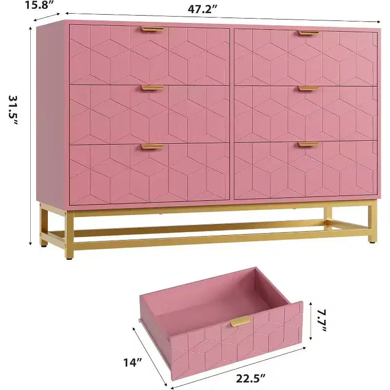 Modern 6-Drawer Dresser, Gold Handles Long Storage TV Stand