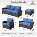 HOMLUX Ensemble de conversation de terrasse en osier 6 pièces avec canapé 3 places avec coussins, causeuse, chaises en rotin, poufs pour jardin et arrière-cour
