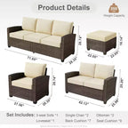 HOMLUX Ensemble de conversation de terrasse en osier 6 pièces avec canapé 3 places avec coussins, causeuse, chaises en rotin, poufs pour jardin et arrière-cour