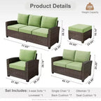 HOMLUX Ensemble de conversation de terrasse en osier 6 pièces avec canapé 3 places avec coussins, causeuse, chaises en rotin, poufs pour jardin et arrière-cour