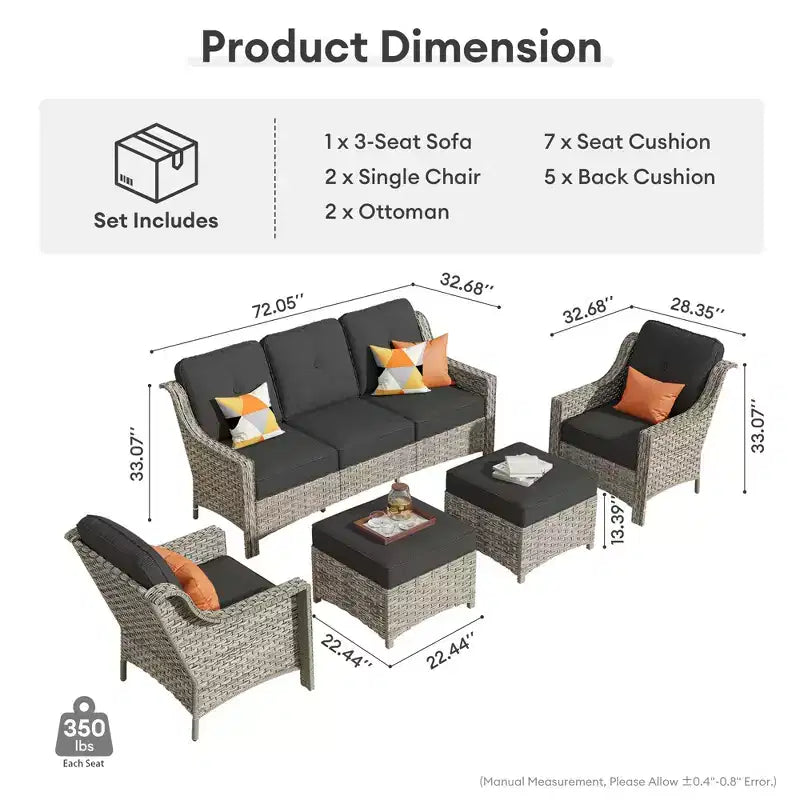 HOMLUX 5 PCS Outdoor Conversation Set 3-Seat Patio Sofa with Cushion, High Back Rattan Chairs, Ottomans