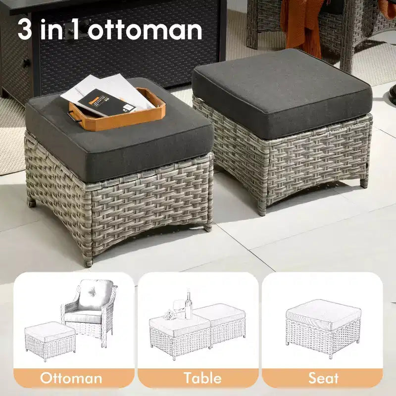 HOMLUX 5 PCS Outdoor Conversation Set 3-Seat Patio Sofa with Cushion, High Back Rattan Chairs, Ottomans