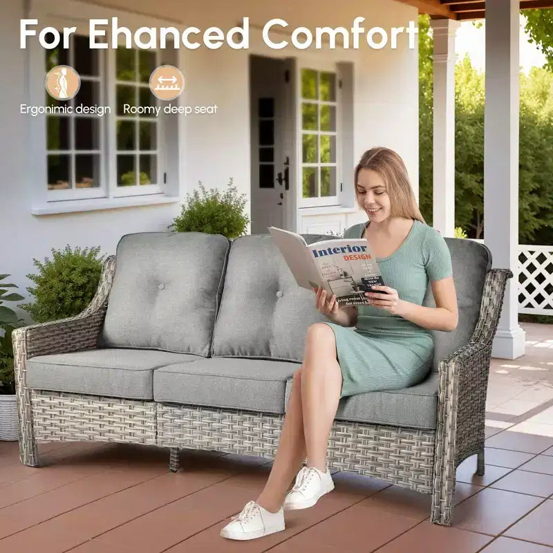 HOMLUX 5 PCS Outdoor Conversation Set 3-Seat Patio Sofa with Cushion, High Back Rattan Chairs, Ottomans