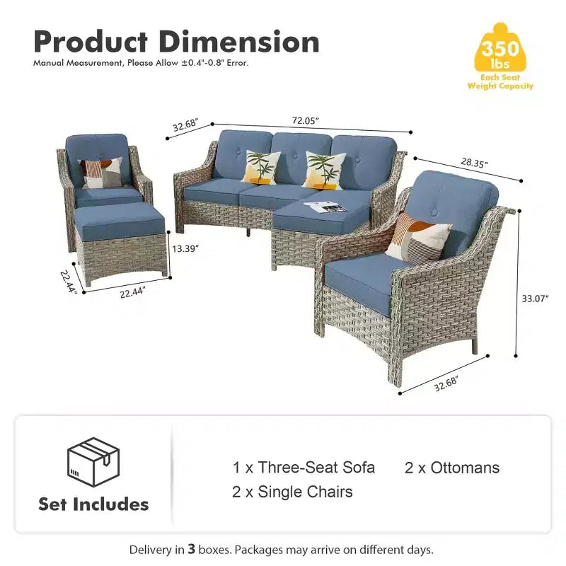 HOMLUX 5 PCS Outdoor Conversation Set 3-Seat Patio Sofa with Cushion, High Back Rattan Chairs, Ottomans